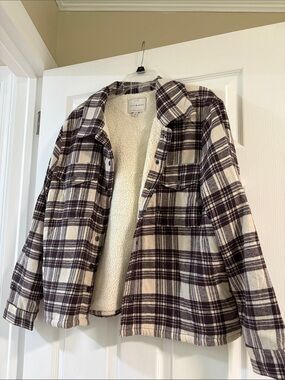 Lucky Brand Cream and Brown Plaid Sherpa Jacket